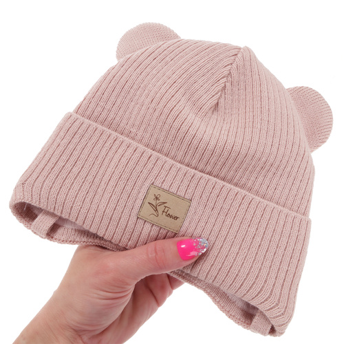 Meisjes herfst/lente muts, roze, met bindkoorden, Djona