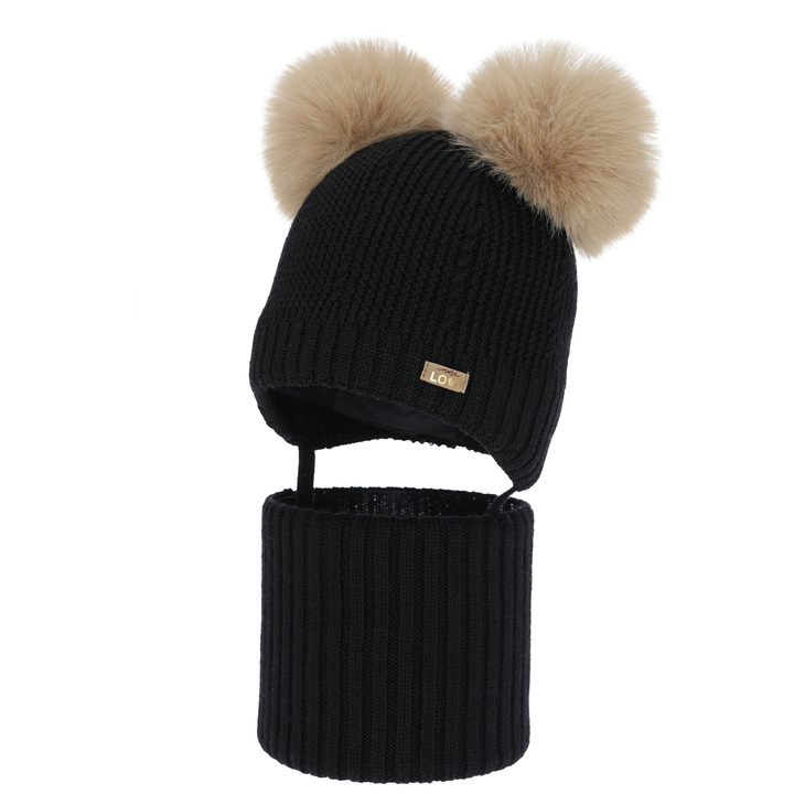 Meisjes muts en col, winter set, zwart, 100% merinowol, gevoerd met wollen fleece, Lumia