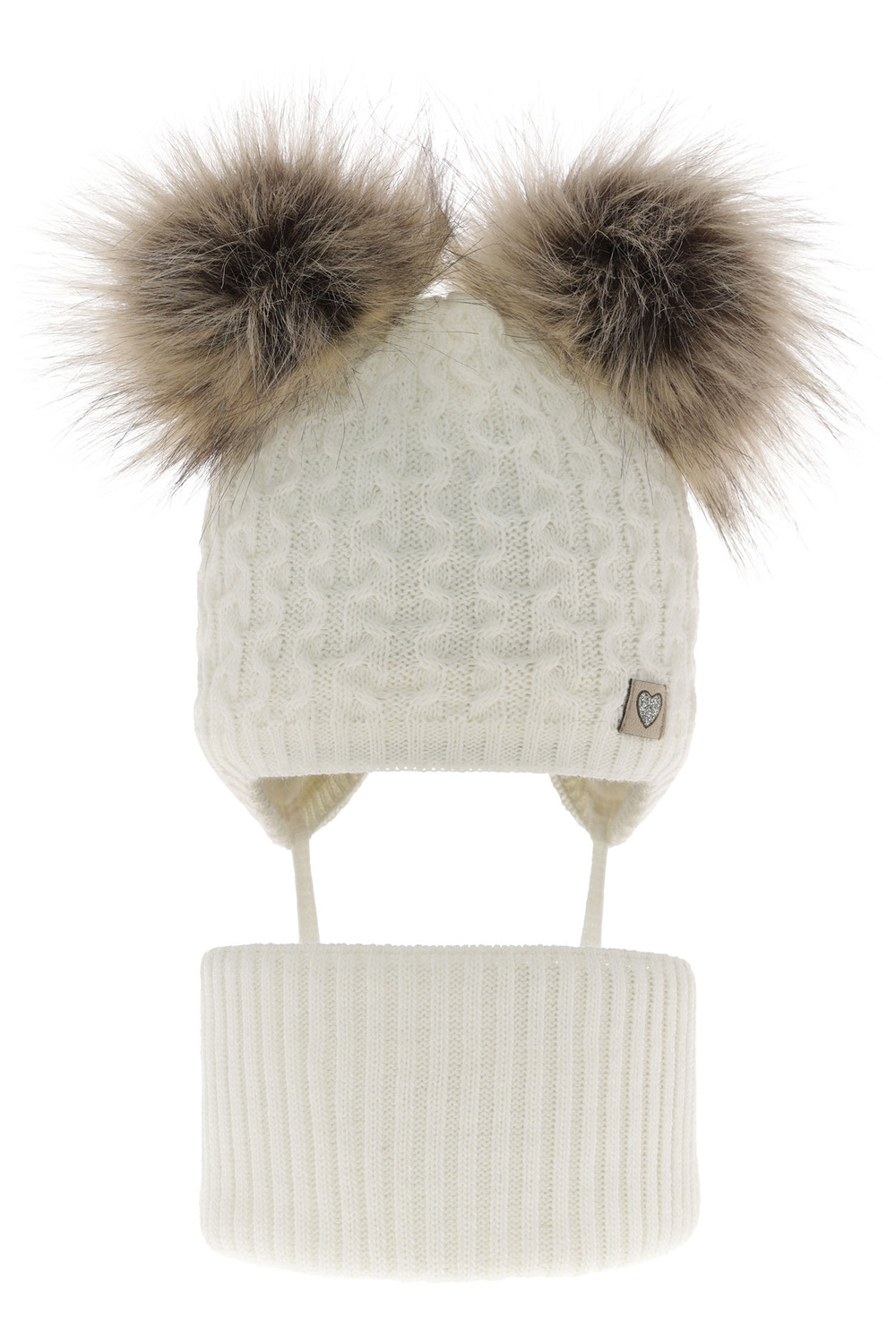 Ensemble d'hiver fille: bonnet et snood, crème, avec deux pompons, avec liens, Poliana