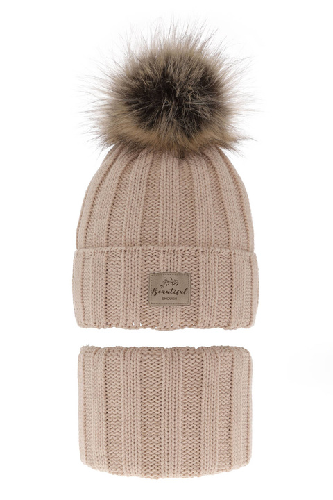 Ensemble d'hiver fille: bonnet et snood, beige, avec pompon, Kaliope