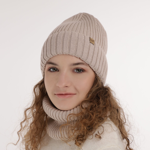 Ensemble d'hiver fille: bonnet et snood, gris, avec laine mérinos, Mesalia