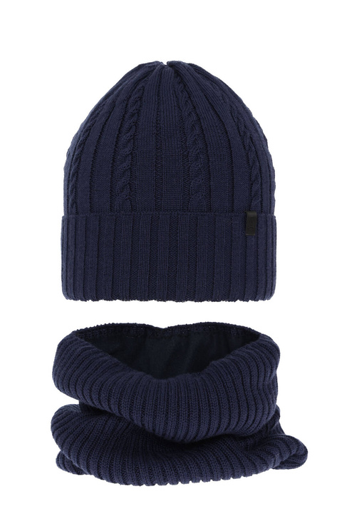 Ensemble d'hiver garçon: bonnet et snood, bleu marine, avec laine mérinos, Kairo