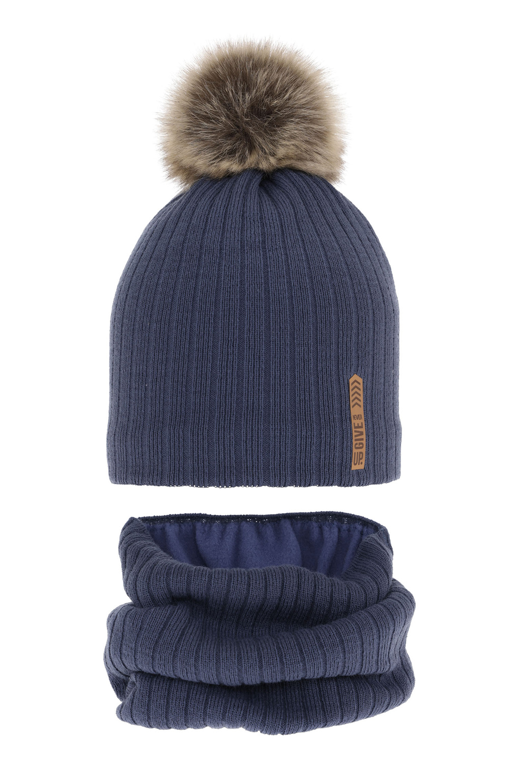 Ensemble d'hiver garçon: bonnet et snood, bleu, avec pompon, doublé de polaire, Kalen