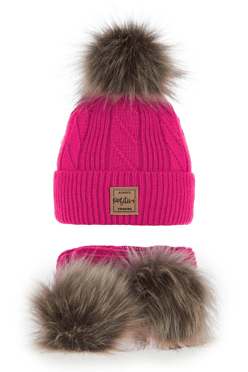 Ensemble d'hiver fille: bonnet et écharpe, rose, avec deux pompons, Gabriela