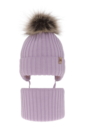 Ensemble d'hiver fille: bonnet et snood, violet, avec pompon, avec liens, Louisa