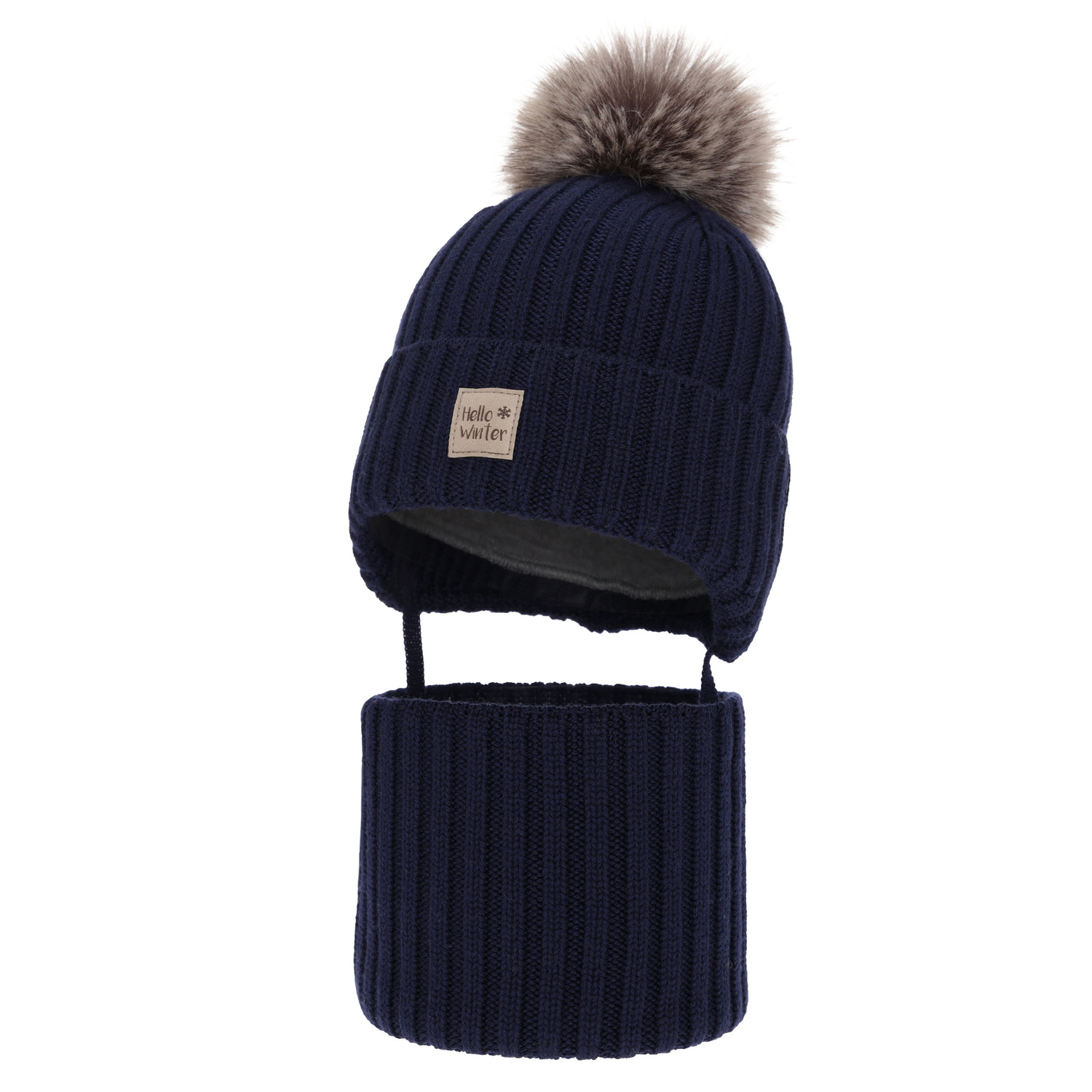 Ensemble d'hiver garçon: bonnet et snood, bleu marine, avec laine mérinos, doublé de polaire, avec liens, Morti