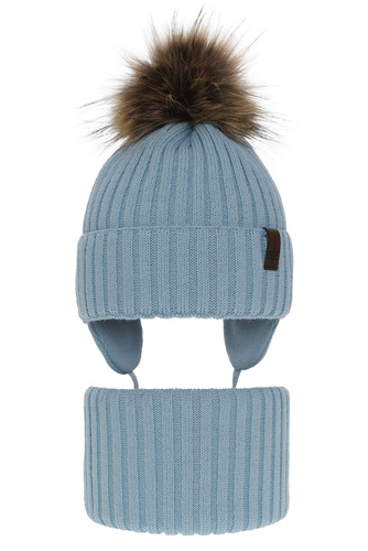 Jongens winter set muts en sjaal, blauw, met garen pompon, Puzel