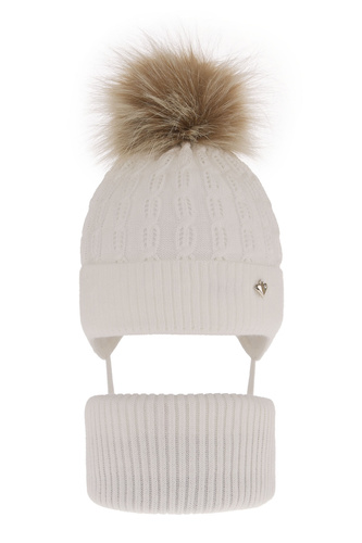 Ensemble d'hiver fille: bonnet et snood, blanc, avec pompon, avec liens, Tukana