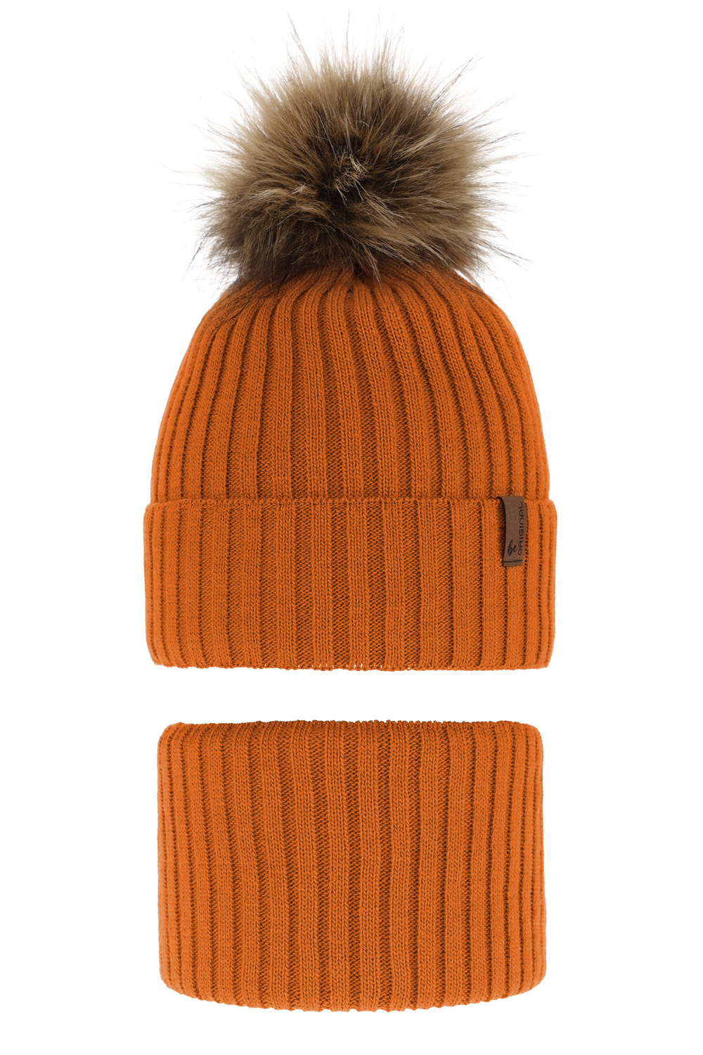 Ensemble d'hiver garçon: bonnet et snood, orange, avec pompon, Onyks