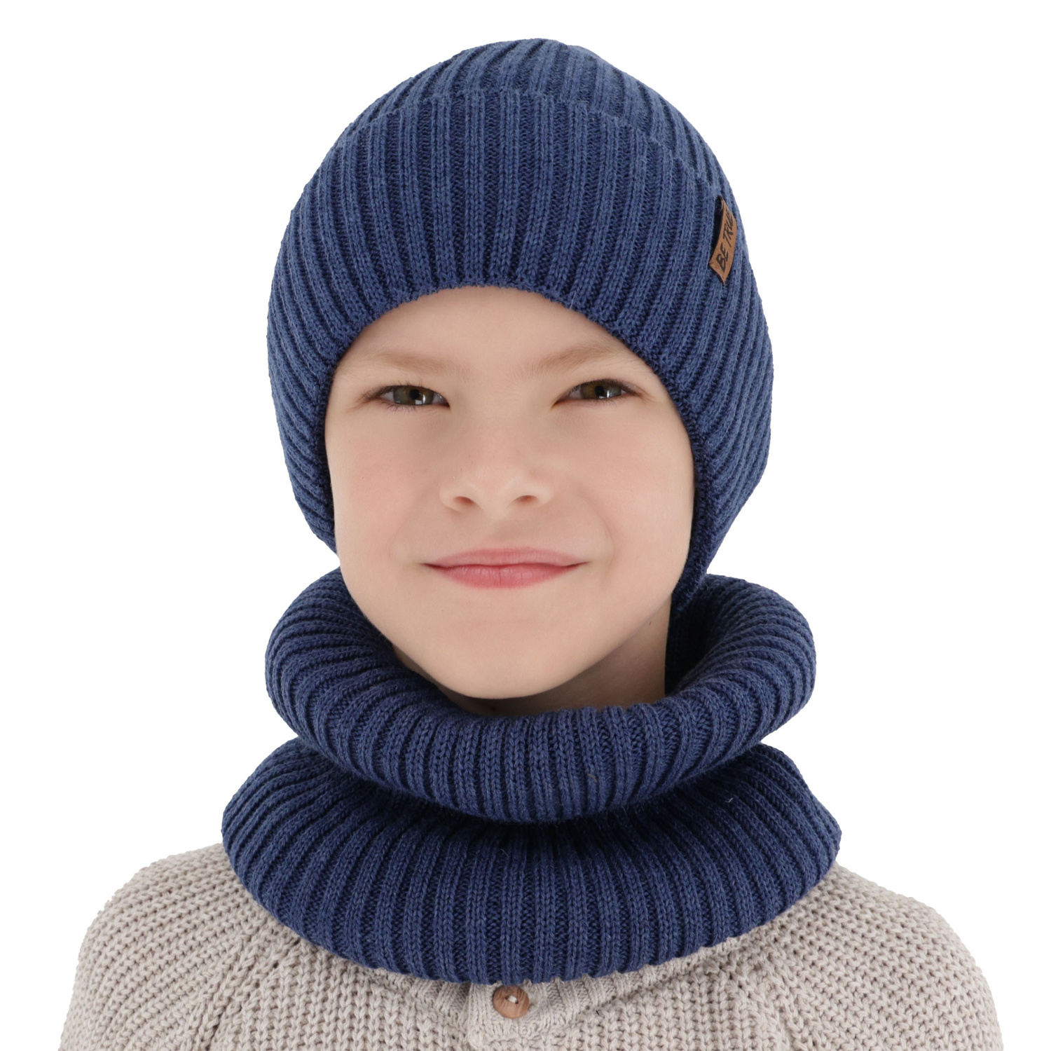 Jongens winter set (muts en buissjaal) gevoerd met fleece, blauw, met merinowol, Colton