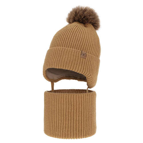 Ensemble d'hiver garçon: bonnet et snood, camel, avec pompon, avec liens, Zico