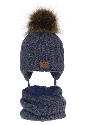 Jongens winter set muts en sjaal, blauw, met garen pompon, Casper
