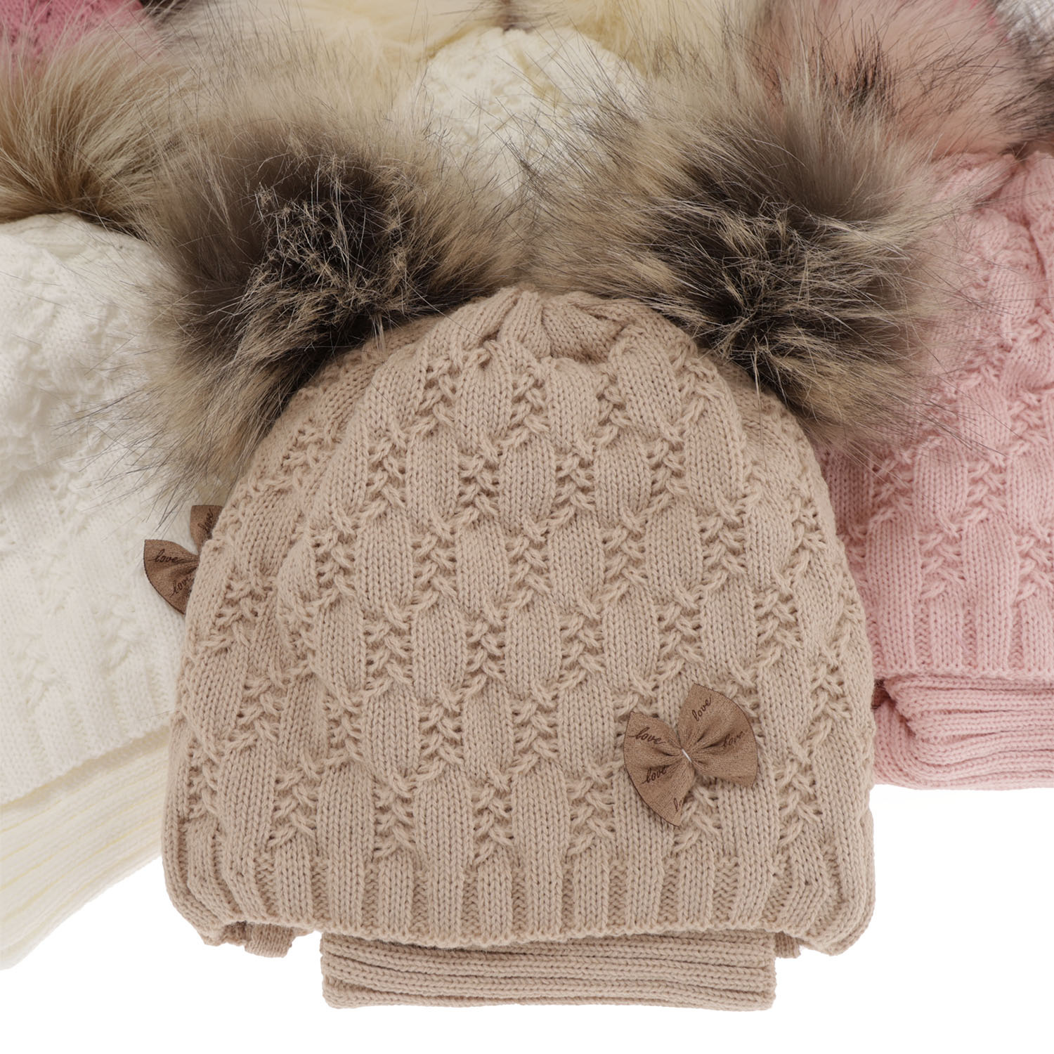 Ensemble d'hiver fille: bonnet et snood, beige, avec deux pompons, avec liens, Bettina