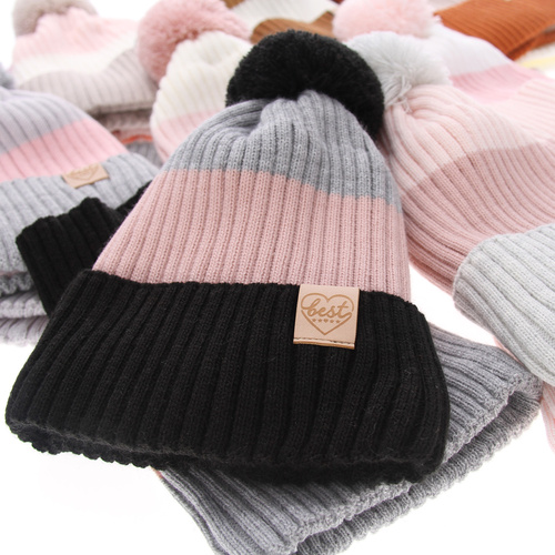 Meisjes winter set muts en buissjaal, bruin, met garen pompon, Indiana