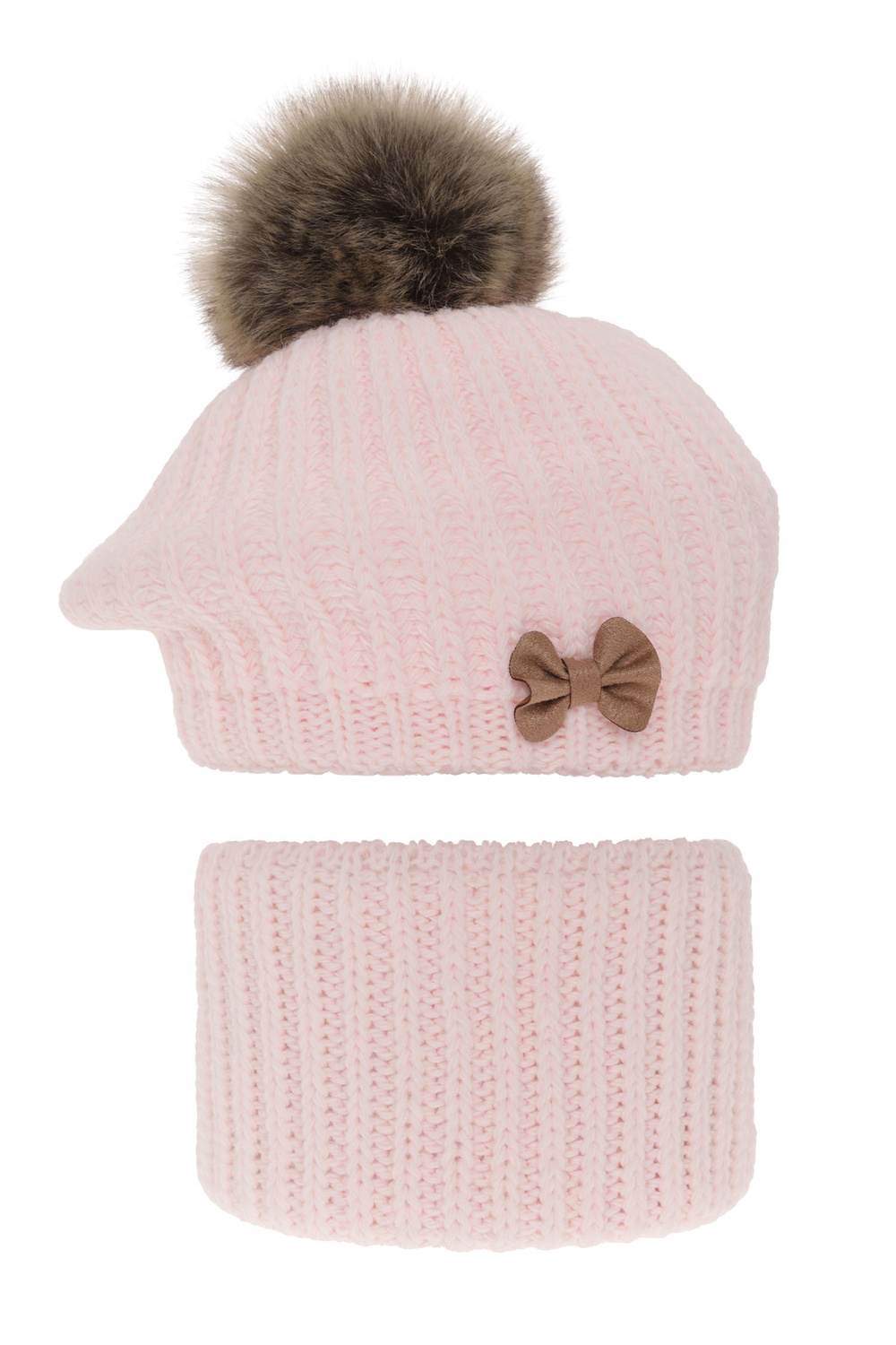 Ensemble d'hiver fille: beret et snood, rose clair, avec pompon, Polinezja