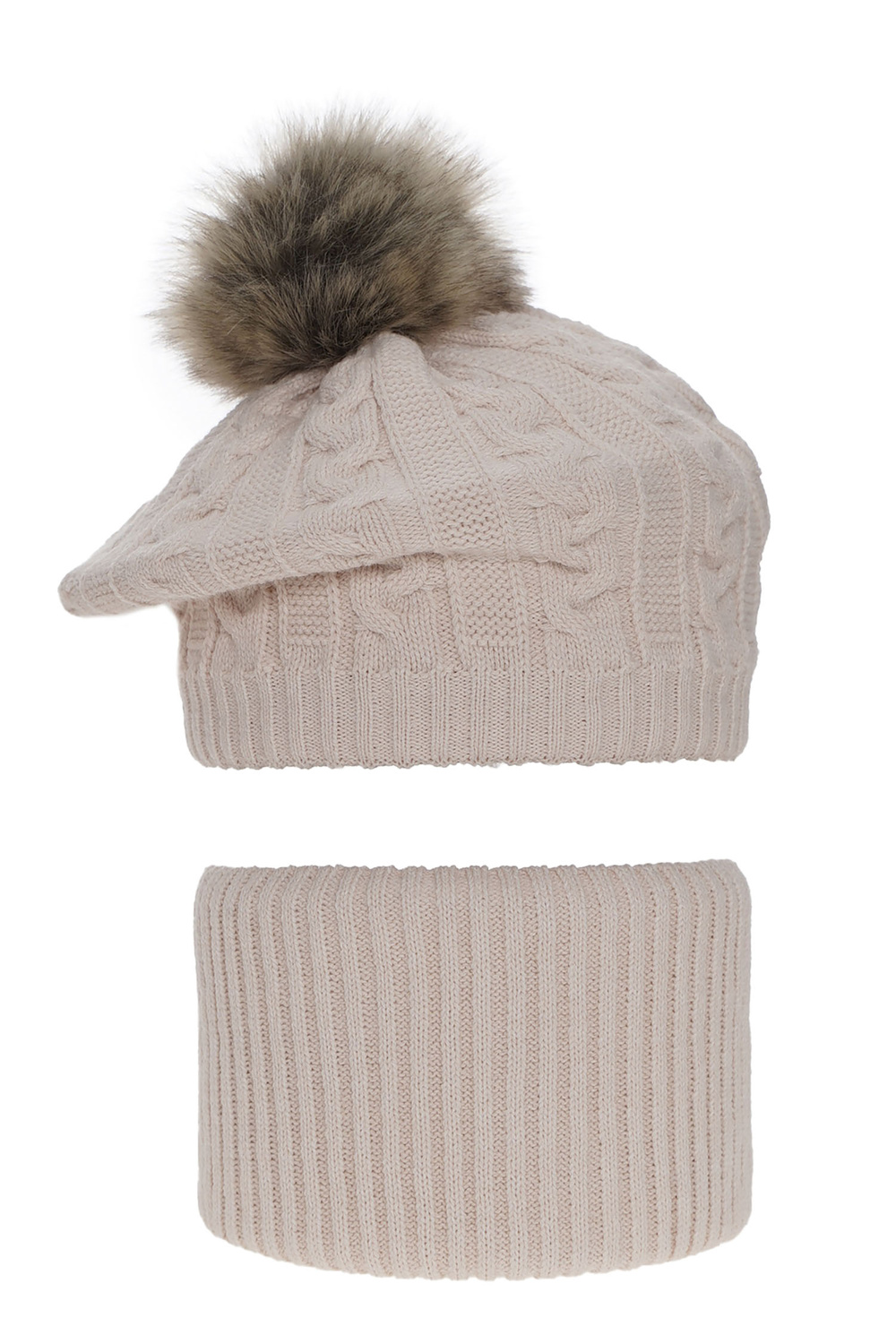 Ensemble d'hiver fille: béret et snood, beige, avec pompon, Koffi