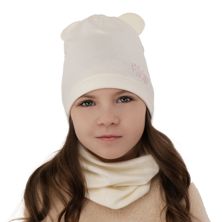 Ensemble automne/printemps fille: bonnet et snood, crème, en coton, Cyntia