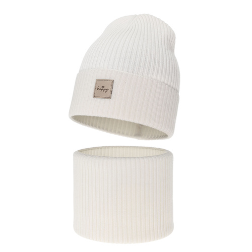 Ensemble automne/printemps fille: bonnet et snood, blanc, avec laine mérinos, Vanita