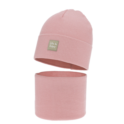 Meisjes herfst/lente set (muts en buissjaal), met katoen, roze, Zola