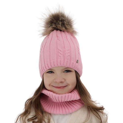 Ensemble d'hiver fille: bonnet et snood, rose, avec pompon, Amaltea