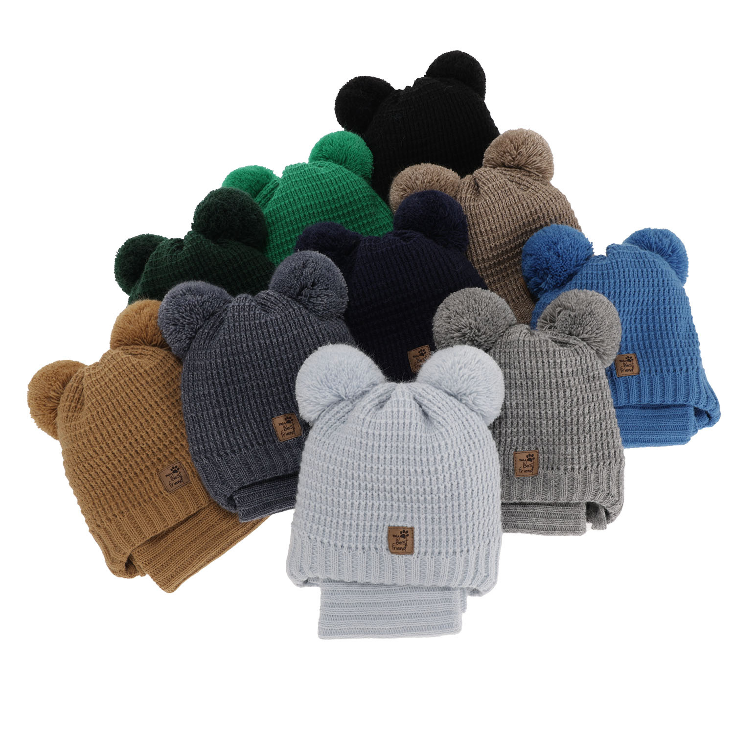 Ensemble d'hiver garçon: bonnet et snood, beige, avec deux pompons, avec liens, Krispi