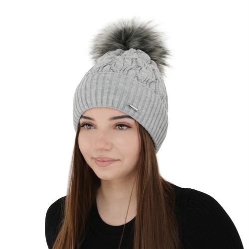 Bonnet d'hiver femme, gris, avec pompon, Deva