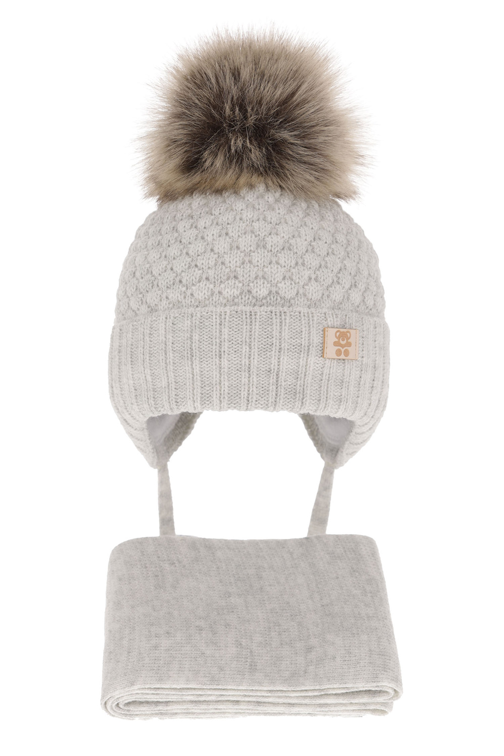 Ensemble d'hiver garçon: bonnet et écharpe, gris, avec pompon, avec liens, Norberto