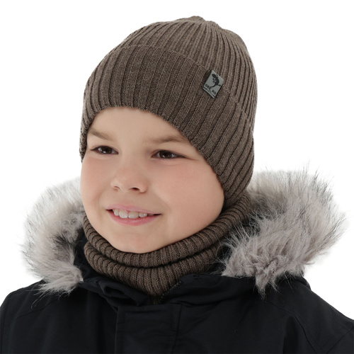 Ensemble d'hiver garçon: bonnet et snood, marron, doublé de polaire, avec laine mérinos, Gecko