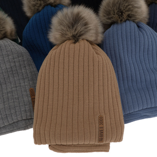 Ensemble d'hiver garçon: bonnet et snood, camel, avec pompon, doublé de coton, Kalen