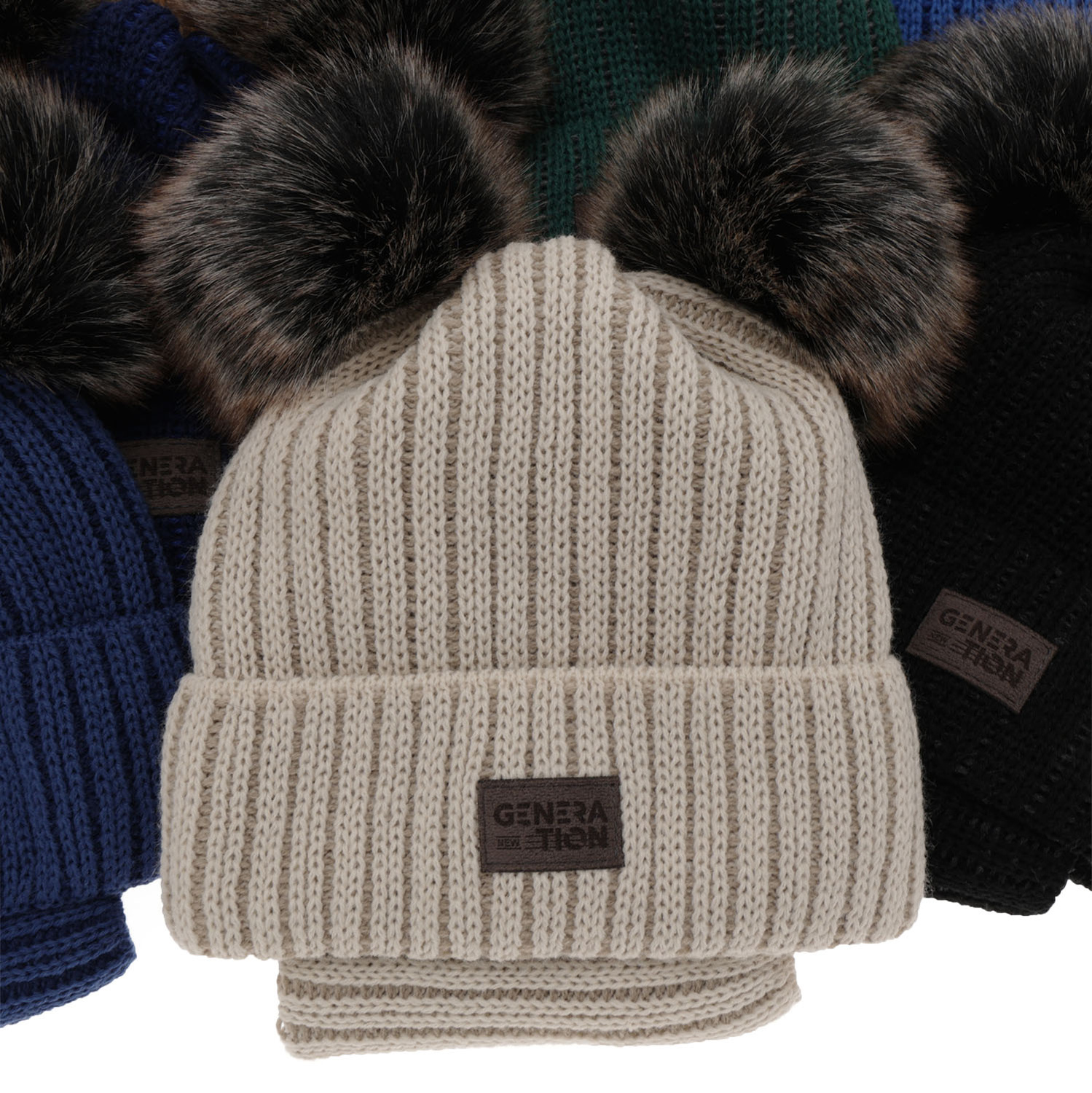 Ensemble d'hiver garçon: bonnet et snood, camel, avec deux pompons, Tokio