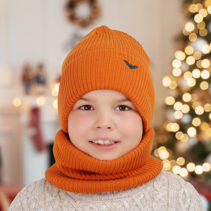 Ensemble d'hiver garçon: bonnet et snood, orange, avec pompon, Romeo