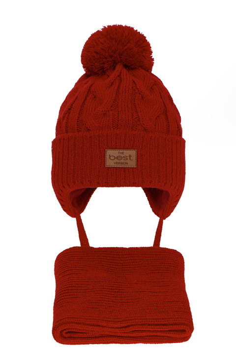 Jongens winter set muts en sjaal, rood, met garen pompon, Remix