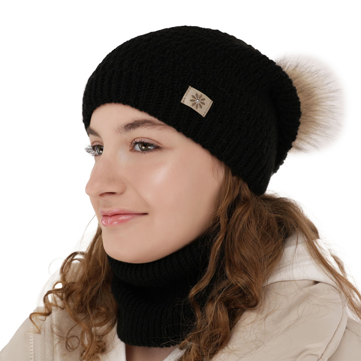 Ensemble d'hiver fille: bonnet et snood, noir, avec pompon, Germina