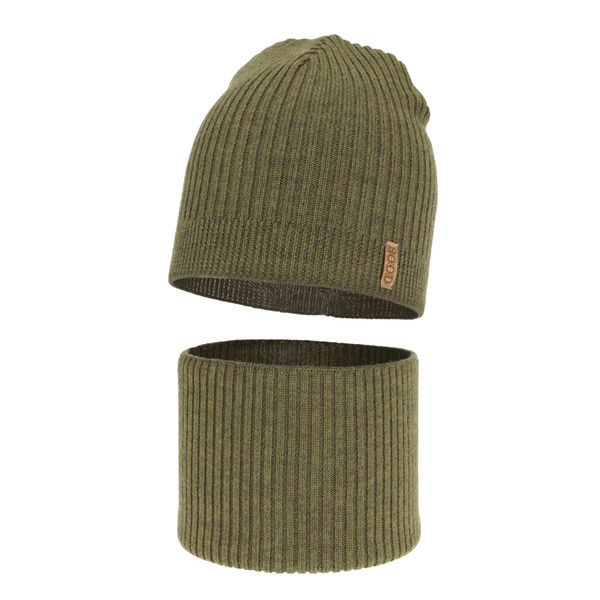 Ensemble automne/printemps garçon: bonnet et snood, khaki, avec laine mérinos, Chester