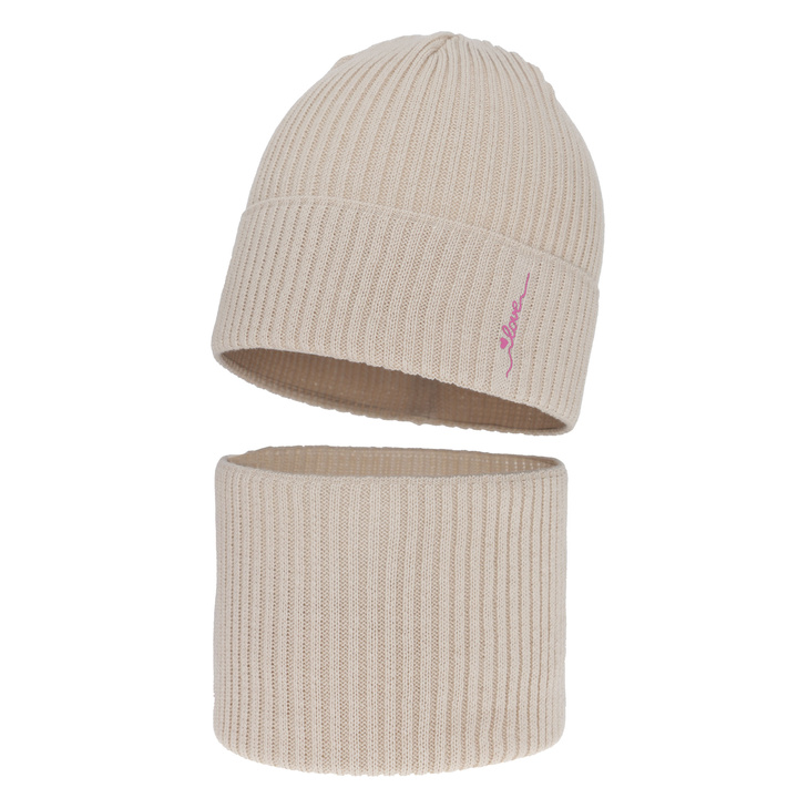 Meisjes herfst/lente set: muts en buissjaal, met katoen, beige, Elvara
