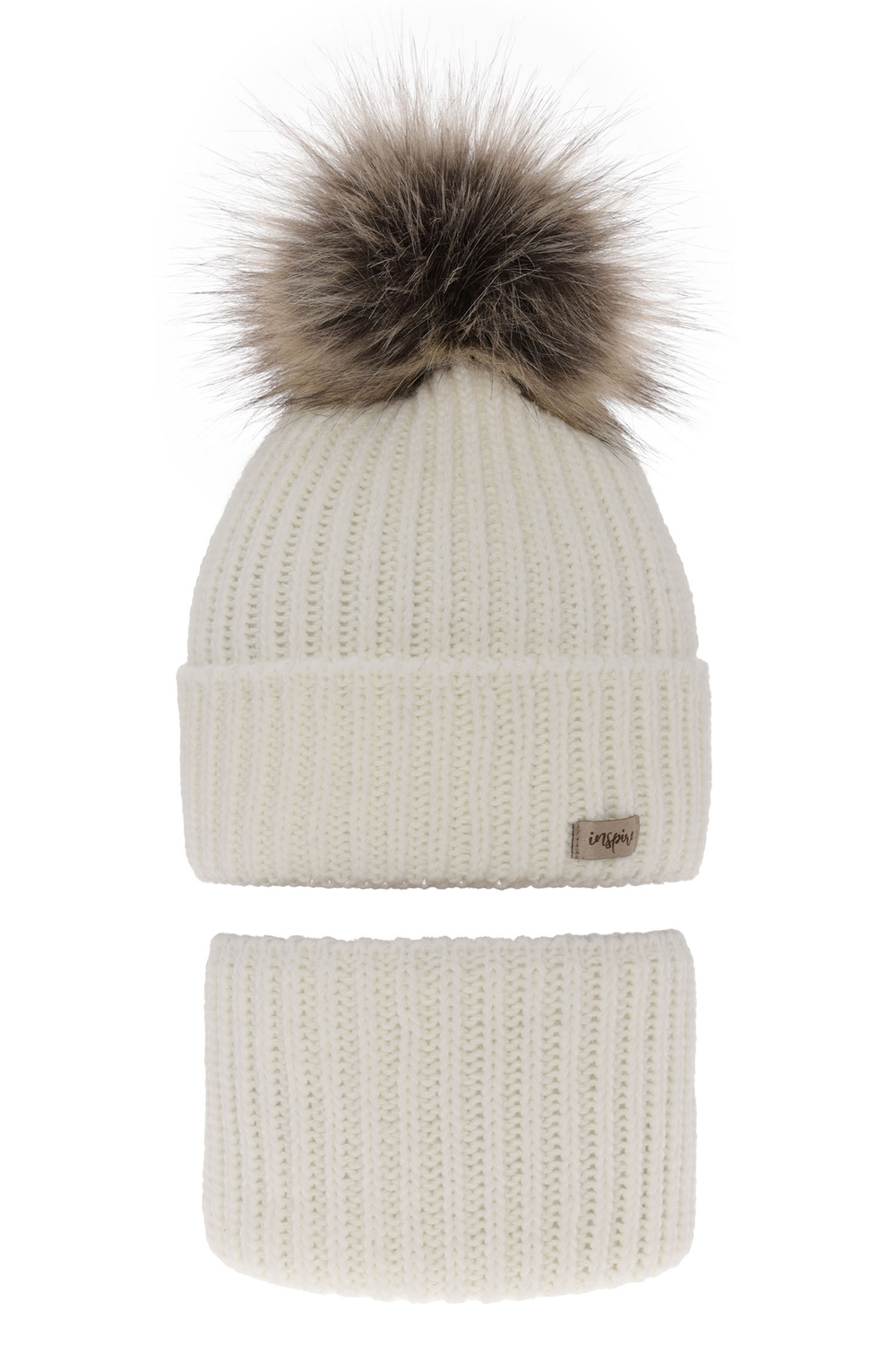 Ensemble d'hiver fille: bonnet et snood, crème, avec pompon, Willow