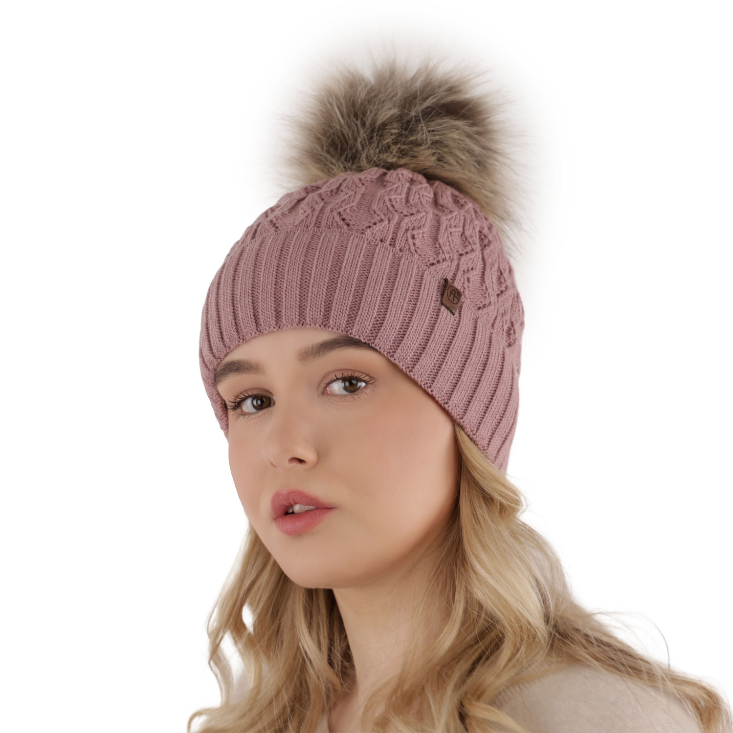 Bonnet d'hiver femme, blanc, avec pompon, Katty