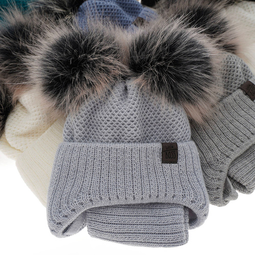 Jongens winter set muts en buissjaal, blauw, met twee pompons garen, met bindkoorden, Randel