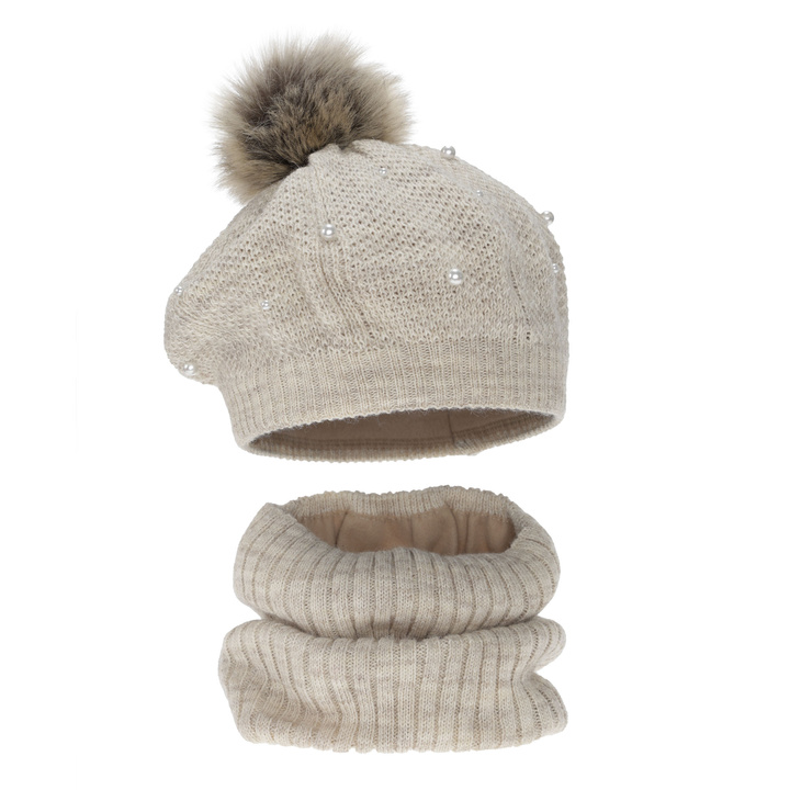 Meisjes winter set: beret en buissjaal, gevoerd met fleece, beige, met pompon, Jeanette