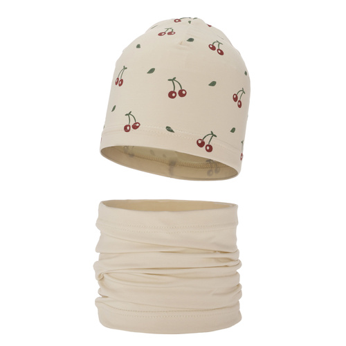 Ensemble automne/printemps fille: bonnet et snood, beige, en coton, Cerise