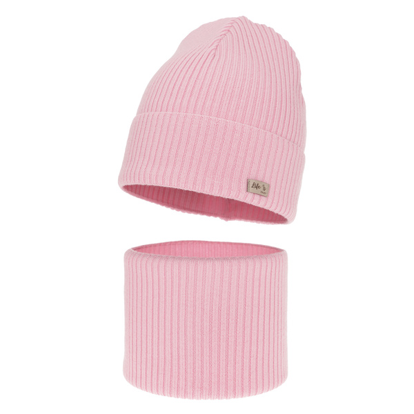 Ensemble automne/printemps fille: bonnet et snood, rose, avec laine mérinos, Itra