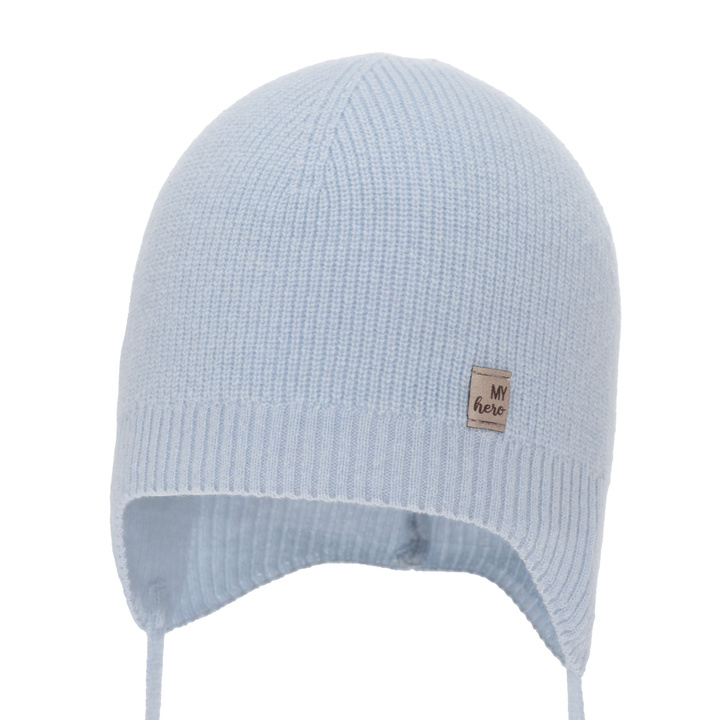 Jongens herfst/lente muts, blauw, met merinowol en kasjmier, met bindkoorden, Tono