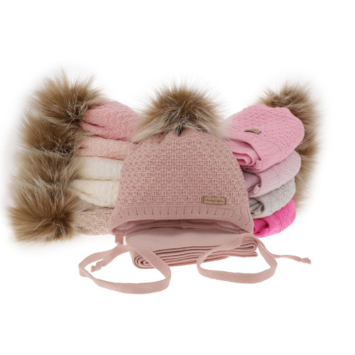Ensemble d'hiver fille: bonnet et écharpe, rose clair, avec pompon, Clotilde