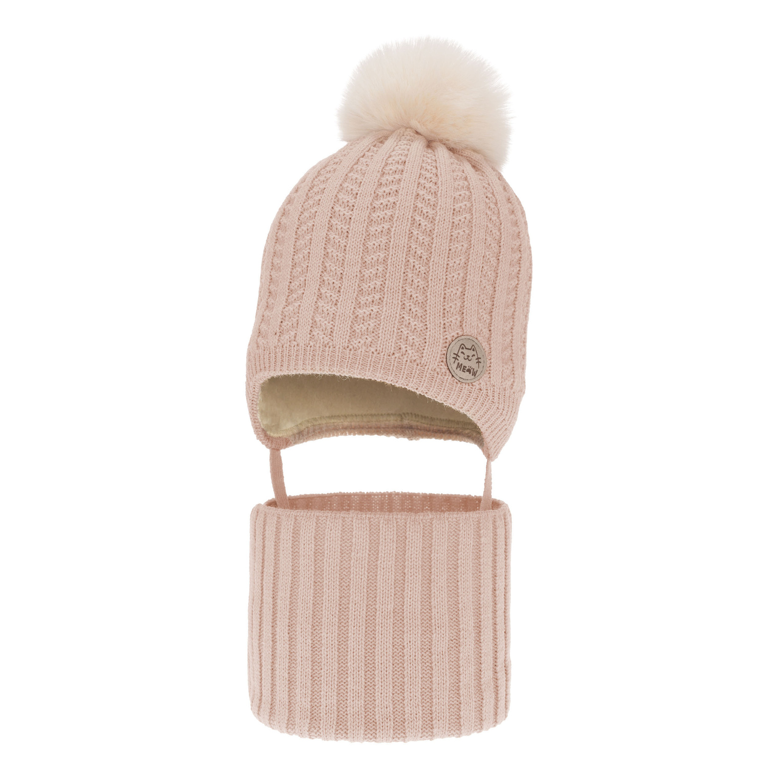 Ensemble d'hiver fille: bonnet et snood, rose clair, avec pompon, Kenta