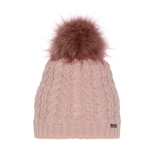 Dames wintermuts, roze, met merinowol, met garen pompon, Satina