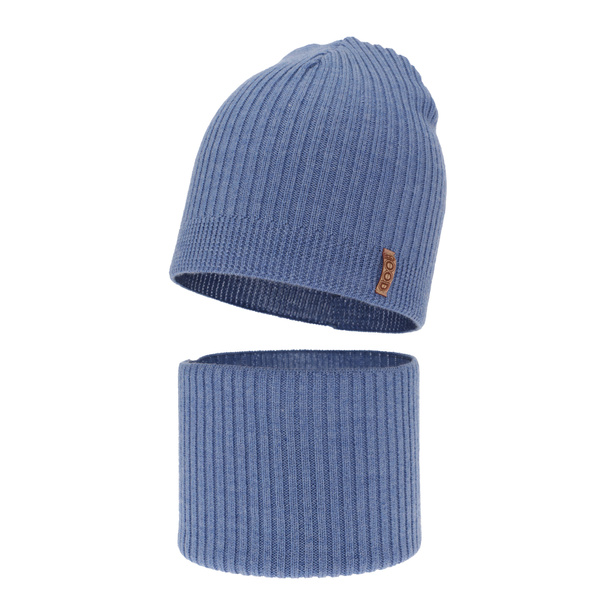 Ensemble automne/printemps garçon: bonnet et snood, bleu, avec laine mérinos, Chester