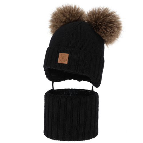 Jongens muts en col, winter set, zwart, 100% merinowol, gevoerd met wollen fleece, Ronik