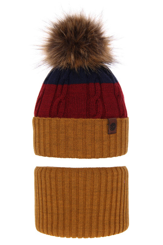 Jongens winter set muts en buissjaal, mosterdgeel, met garen pompon, Karmel