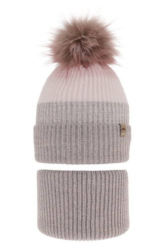 Ensemble d'hiver fille: bonnet et snood, gris, avec pompon, Gimena