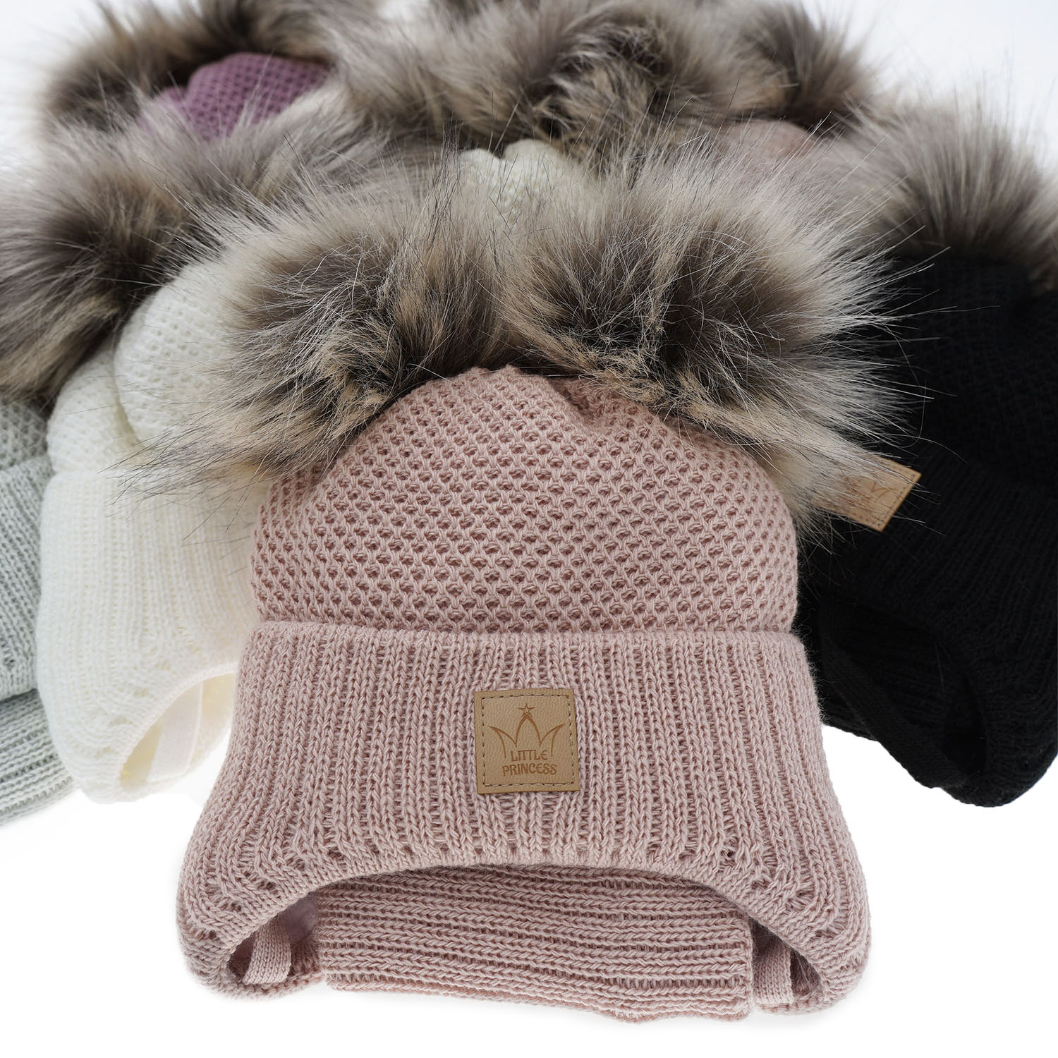 Meisjes winter set muts en buissjaal, roze, met twee pompons, met bindkoorden, Minsi